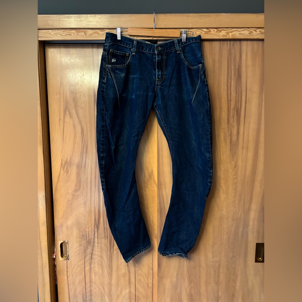 Men's Blue Jeans, Ed Hardy jeans, 33 x 32, barrel leg jeans, bow leg denim